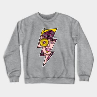 woman holding a donut with lightning shape Crewneck Sweatshirt